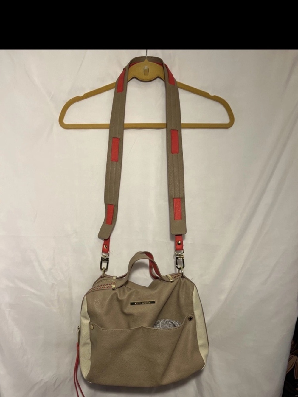Steve Madden Taupe and Cream Crossbody Bag with herringbone lining & red accents